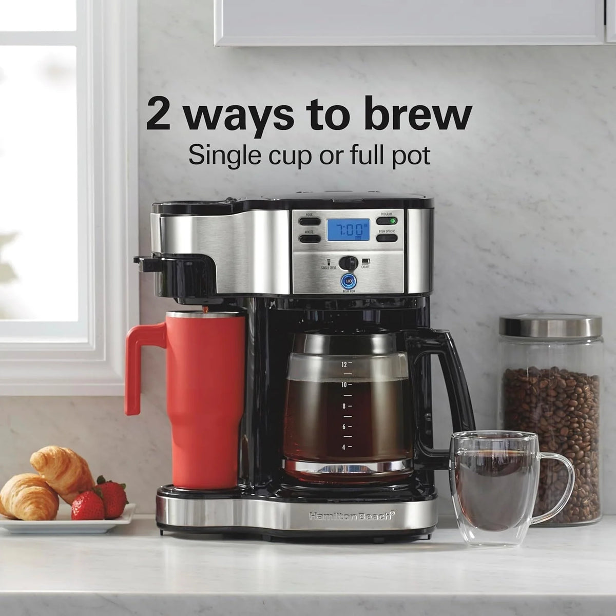 Kafè maker 2-Way ta’ 12-il tazza u single serve, buqar tal-ħġieġ, waqfien u tferriment awtomatiċi, iswed