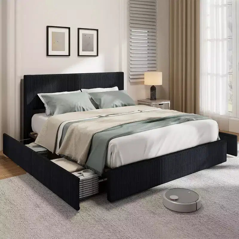 CuisinSmart-Bettgestell aus Cord mit Kopfteil, gepolstertes Podestbett mit 4 Aufbewahrungsschubladen und Lattenrost aus Holz