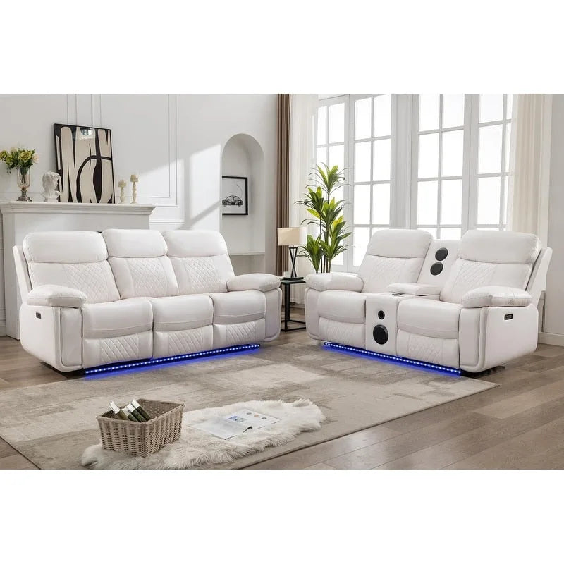 Elektrisch verstellbares Sofa mit kabellosem Ladegerät, Leselicht, LED-Beleuchtung für das Wohnzimmer, Kunstleder, AC-/USB-Anschluss, Getränkehalter, Schwarz