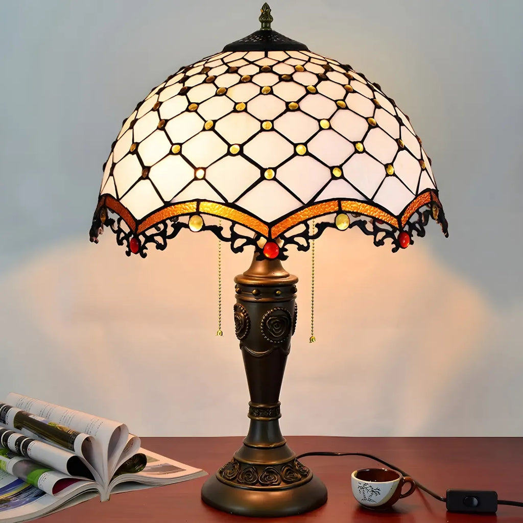 HomeyFad Vintage-Tischlampe mit 2 Leuchten, Edelstahlsockel und gläsernem Kuppelschirm