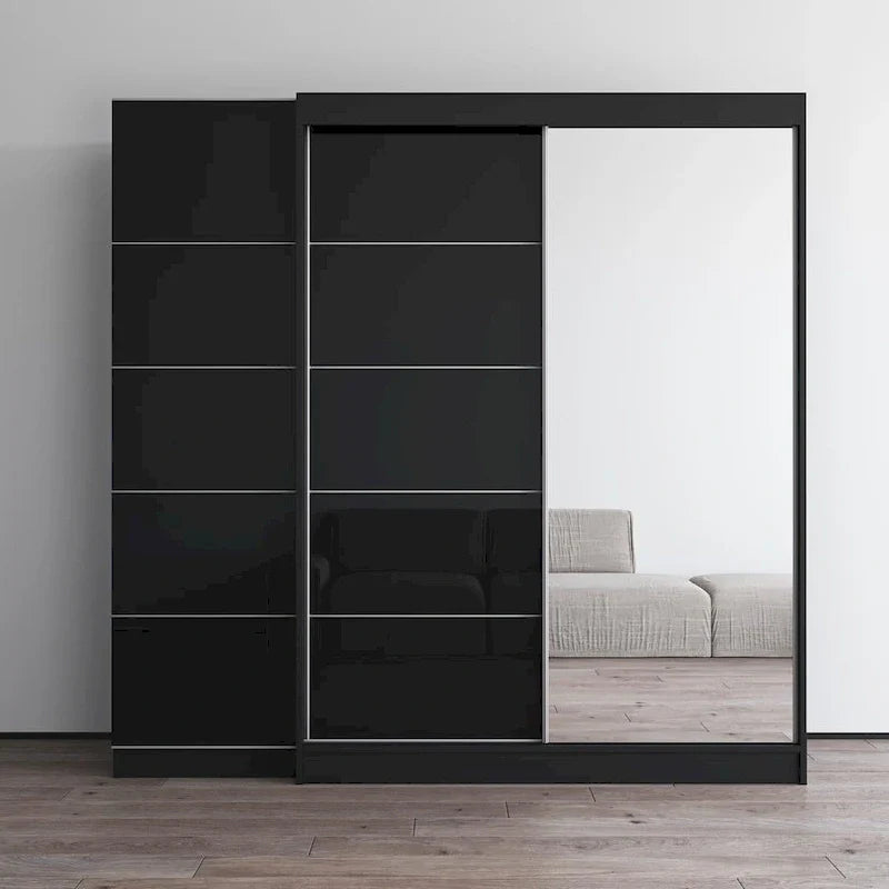 2-türiger Kleiderschrank mit Spiegel und Glasfront für 2 Personen (Grau/Schwarz/Weiß)
