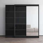 2-türiger Kleiderschrank mit Spiegel und Glasfront für 2 Personen (Grau/Schwarz/Weiß)