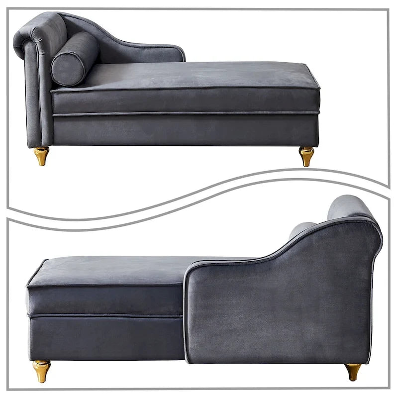 Chaise longue elegante francese rivestita in velluto con contenitore e cuscino