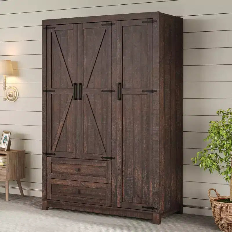 Armadio guardaroba AMERLIFE da 47" in stile rustico, con 3 ante, 2 cassetti, barra appendiabiti e ripiani regolabili, organizer indipendente per abiti