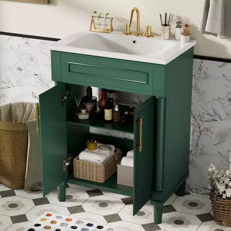 Vanity tal-kamra tal-banju ta’ 24 b’sink taċ-ċeramika, kabinett Shaker, 2 bibien b’għeluq artab u qafas tal-injam solidu għal kamra tal-banju żgħira jew powder room