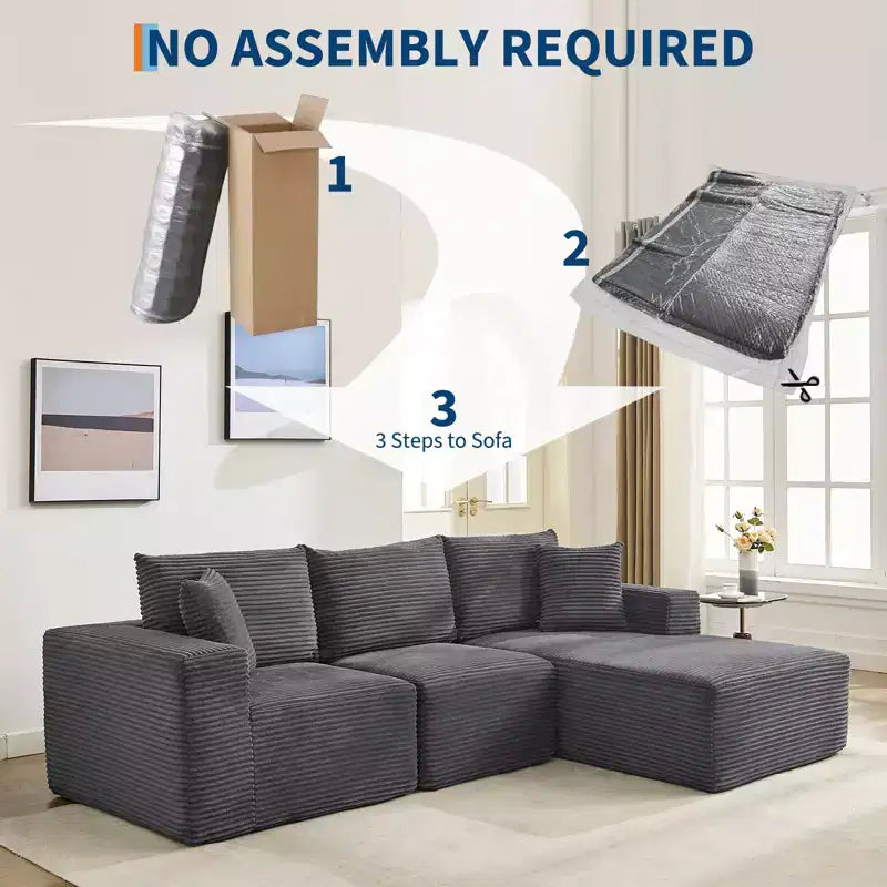 108 modernes Sofa, 3-Sitzer-Sofa in L-Form mit Polsterbezug und Kissen, Sofa mit tiefer Sitzfläche, keine Montage erforderlich