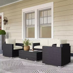 4-delige rotan loungeset, rieten terrasbankstel met loveseatstoelen en salontafel met glazen blad voor de tuin
