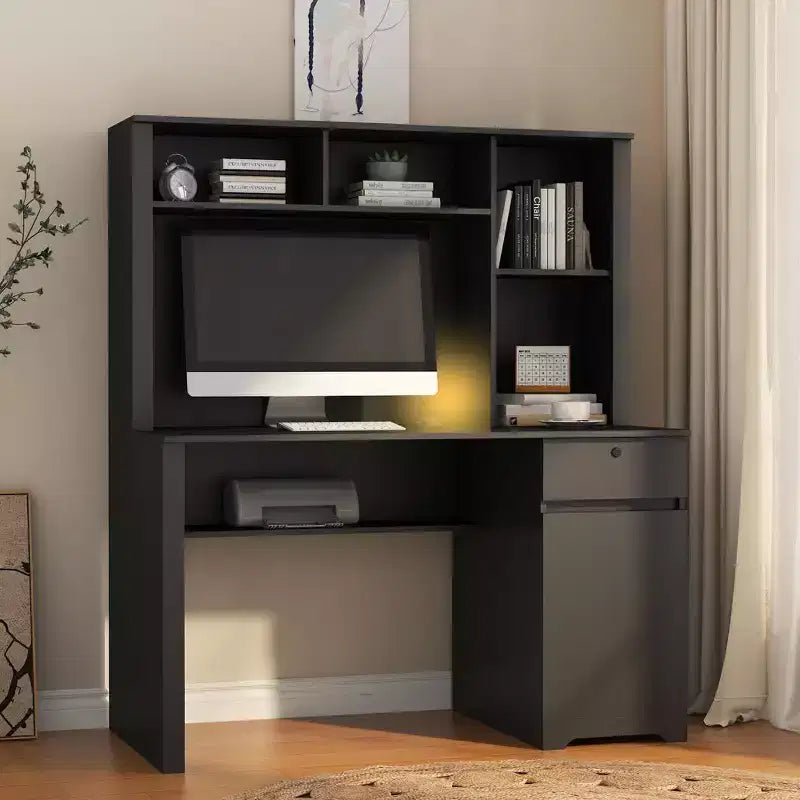 Moderne computerbureau van 51,18 inch met opzetkast en boekenkast, kantoorbureau met veel opbergruimte, schrijf bureau voor studeerkamer en leesruimte
