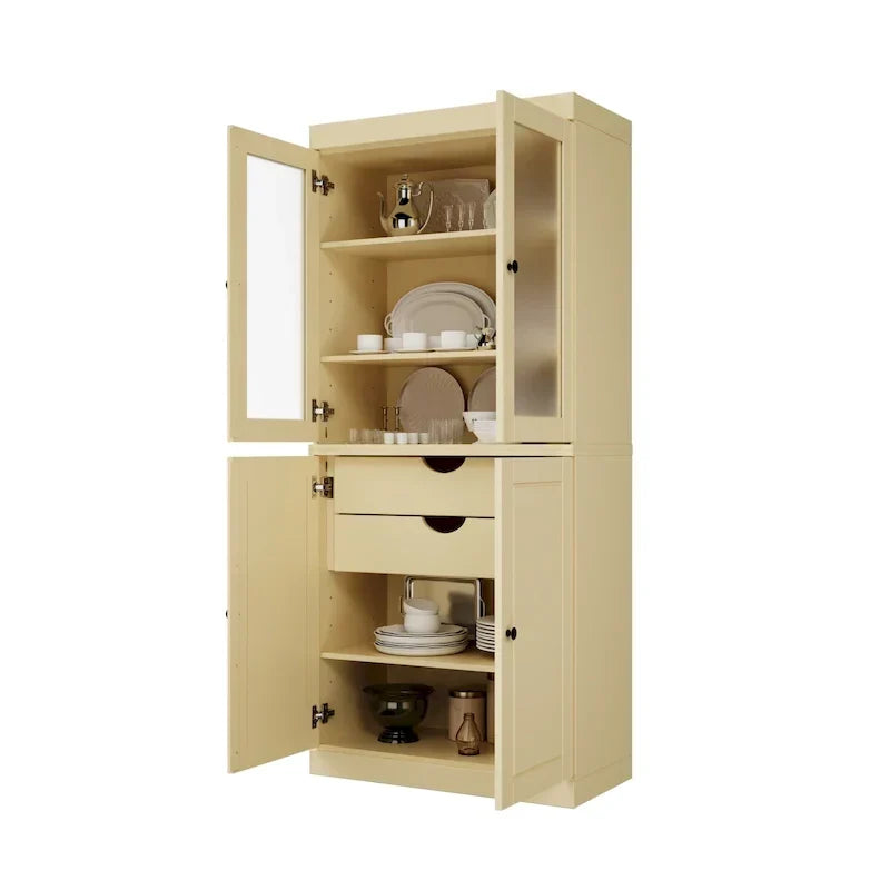 Dispensa in legno massello al 100% con ante in vetro satinato, ante piene, 2 cassetti e ripiani regolabili