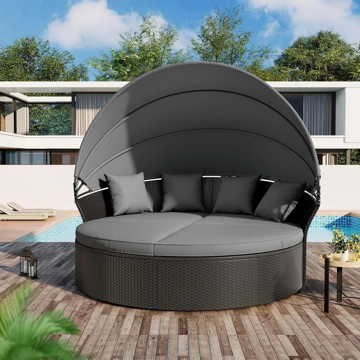 Set da conversazione da esterno Nuon da 4/5 pezzi, set con divano letto in vimini e baldacchino, di Havenside Home