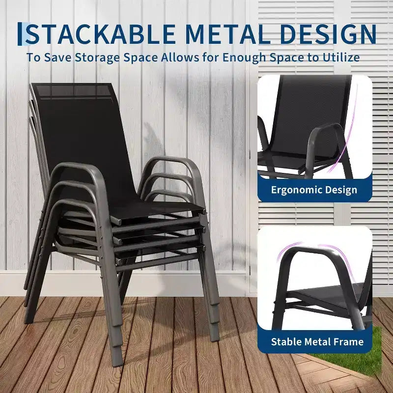 Terrasstoelen, stapelbare buiteneetkamerstoelen, set van 4/6, lichtgewicht weerbestendige textilene tuinstoelen met armleuningen voor achtertuin en zwembadterras