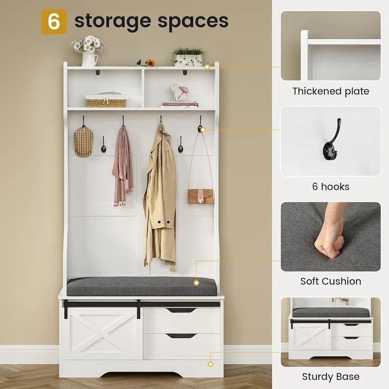 Appendiabiti da ingresso con panca e vano portascarpe, con anta in stile fienile
