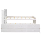 Platform Bed with Trundle and Drawers, Storage Platform Bed with USB, Wood Platform Bed with Bookcase