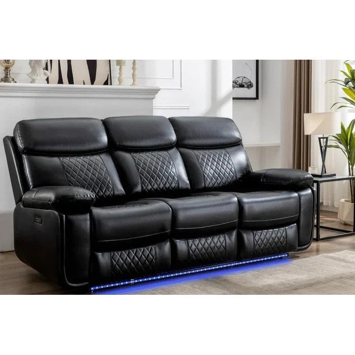 Elektrisch verstellbares Sofa mit kabellosem Ladegerät, Leselicht, LED-Beleuchtung für das Wohnzimmer, Kunstleder, AC-/USB-Anschluss, Getränkehalter, Schwarz