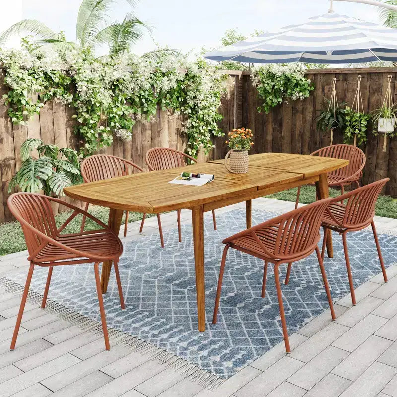 Set da pranzo da patio esterno espandibile, 7 pezzi, con sedie impilabili e tavolo in legno di acacia