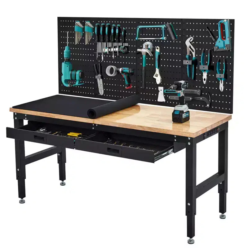 Werkbank van 60 inch, werktafel met rubberhouten blad, 2 laden en gatenbord, verstelbare werkbank voor zwaar gebruik tot 3000 lb met stopcontacten