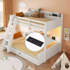 Twin over Full Bunk Bed with Storage, LED Lights & Charging Station, Wood Bunked Bed Beside Shelves for Kids & Teens