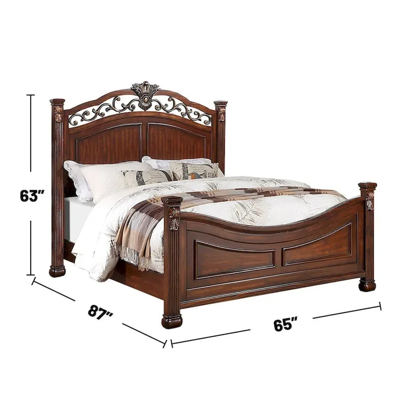 Letto in legno con testiera lavorata color ciliegio scuro
