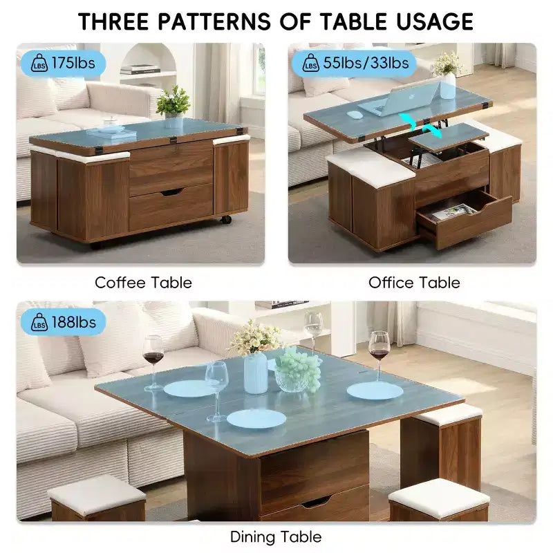 Multifunktionaler moderner Couchtisch mit Liftplatte, verborgenem Stauraum, 4 Hockern und Rollen – perfekt für moderne Wohnbereiche