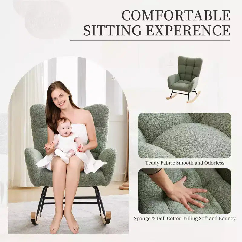 Schommelstoel voor de babykamer, zweefschommelstoel voor borstvoeding, comfortabele accentstoel voor de slaapkamer, zachte teddyfauteuil voor binnen