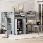 Hochbett in Full-Size mit Treppe, Bücherregal, Schreibtisch und Kleiderschrank – platzsparendes Multifunktionsmöbel für Kinder und Jugendliche – Weiß
