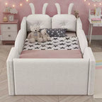 Whisen Twin Platform Bed, Kids Floor Upholstered Bed Frame with Rabbit Cushion, Removable Side Rails