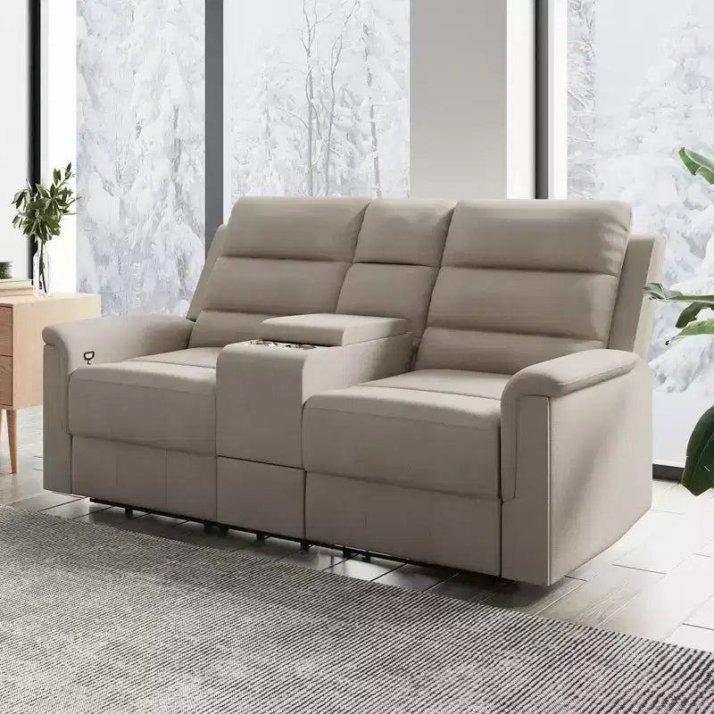Divanetto reclinabile in tessuto tecnico beige/grigio, 2 posti, con schienale e poggiapiedi regolabili