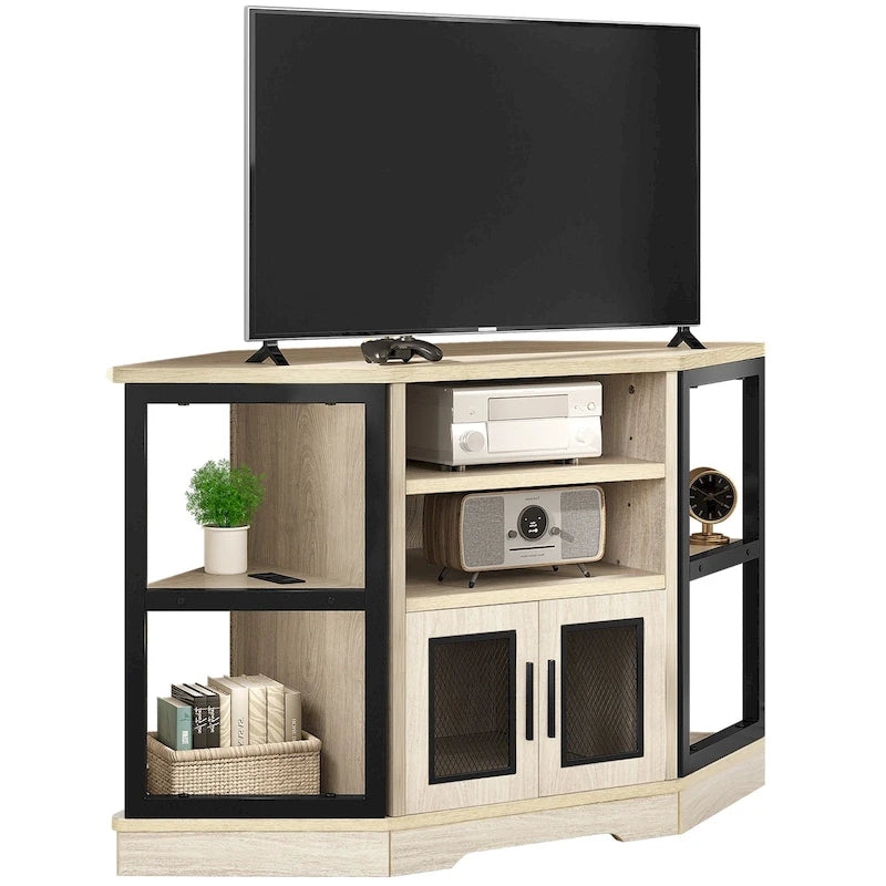 Mobile TV angolare in stile farmhouse, centro d'intrattenimento e consolle multimediale per TV fino a 55" con presa di corrente
