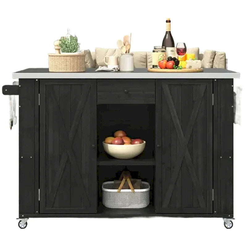 Isola da cucina per esterni in legno di abete rustico con piano in acciaio inox e spazio contenitore intelligente