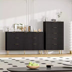 Weiß / Marmor und Holz, Kommode mit 5 Schubladen – geriffelte Front, für 1 Person