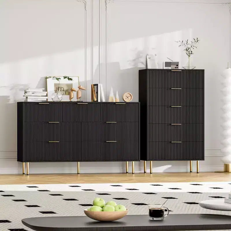Weiß / Marmor und Holz, Kommode mit 5 Schubladen – geriffelte Front, für 1 Person