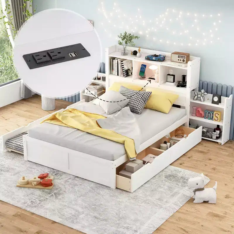 Sodda b’pjattaforma Full b’ħażna b’trundle, headboard b’librerija u stazzjon tal-iċċarġjar, qafas tas-sodda tal-injam ta’ daqs Full bi xkafef u kxaxen