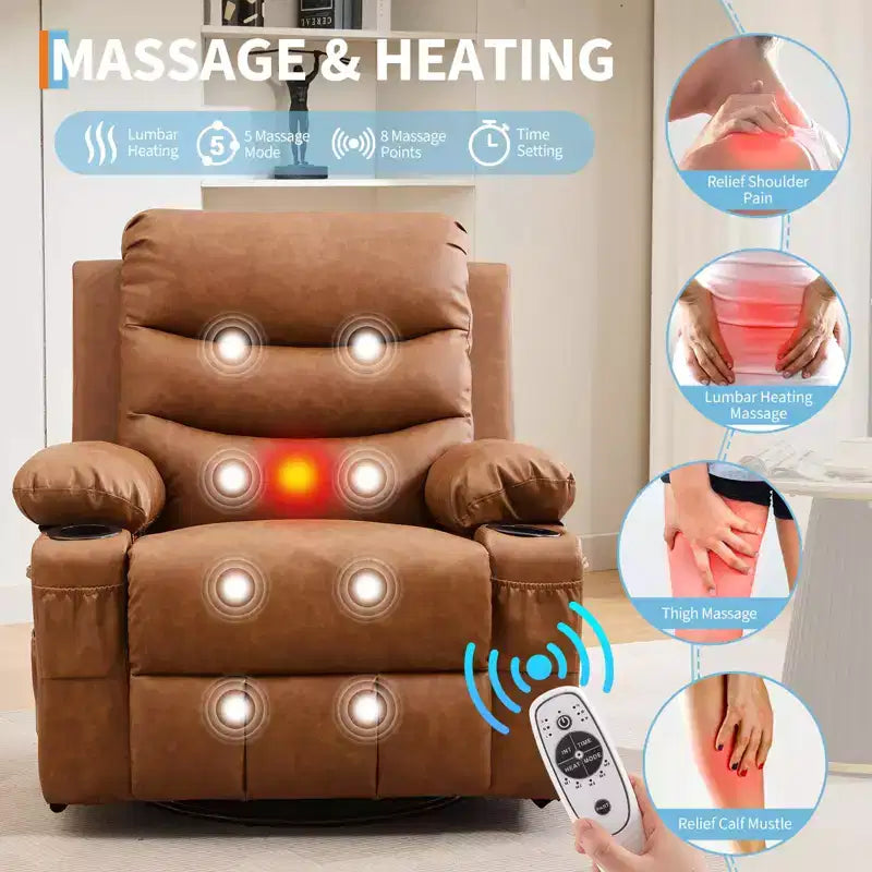 Poltrona reclinabile a dondolo girevole a 360° oversize con massaggio e calore - sedia lounge ergonomica con portabicchieri e tasche laterali per soggiorno e cameretta