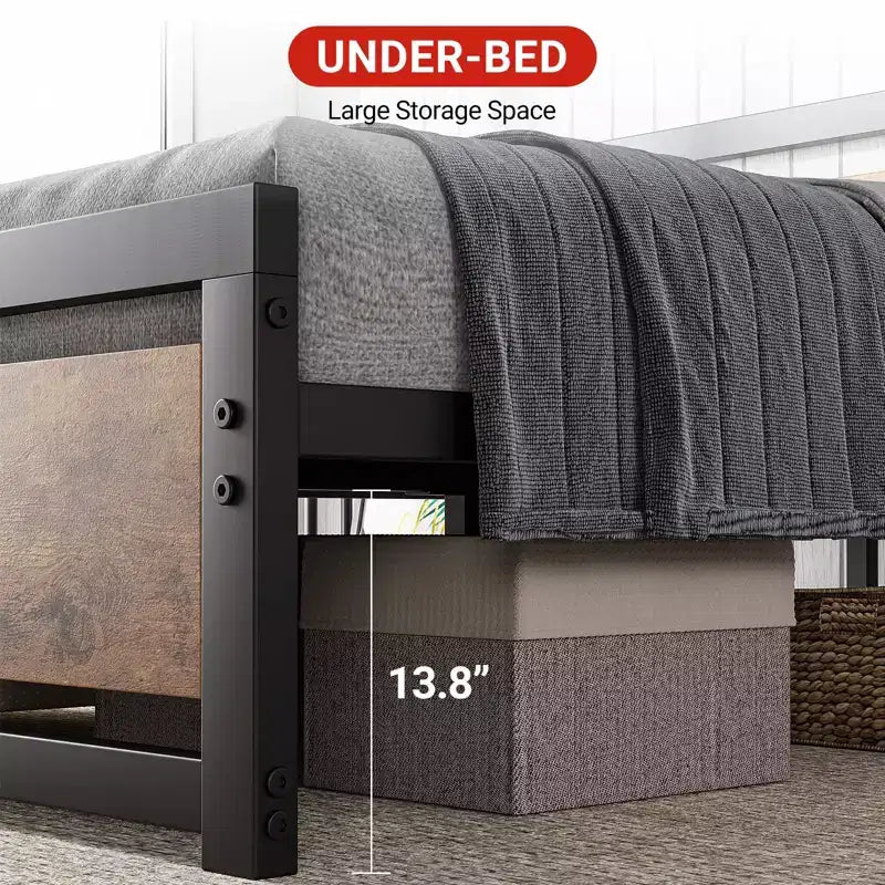 Qafas ta’ sodda heavy-duty b’headboard u footboard, pjattaforma tal-metall b’ħażna ta’ 13.8, mingħajr storbju u assemblaġġ mingħajr għodda, kannella vintage