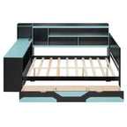 Full/Queen Gaming Daybed with Bookcase Headboard, LED Lights, Integrated Desk, Drawers and Charging Station