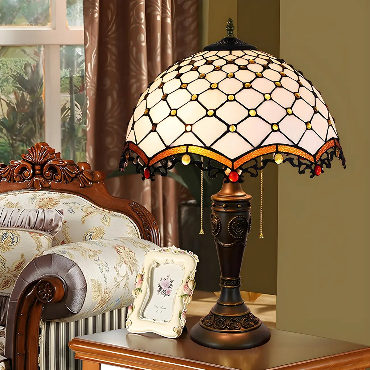 HomeyFad Vintage-Tischlampe mit 2 Leuchten, Edelstahlsockel und gläsernem Kuppelschirm