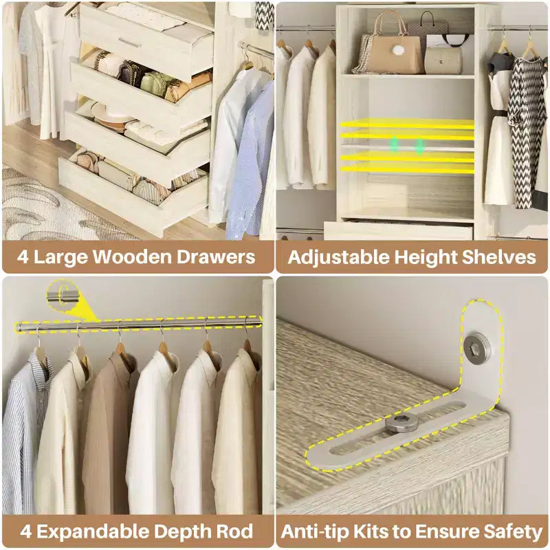 Sistema organizzatore per armadio in legno Besiost da 4-9 piedi, con 4 cassetti, 4 barre appendiabiti e moduli a ripiani