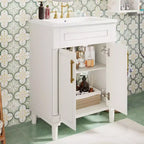 Vanity tal-kamra tal-banju ta’ 24 b’sink taċ-ċeramika, kabinett Shaker, 2 bibien b’għeluq artab u qafas tal-injam solidu għal kamra tal-banju żgħira jew powder room