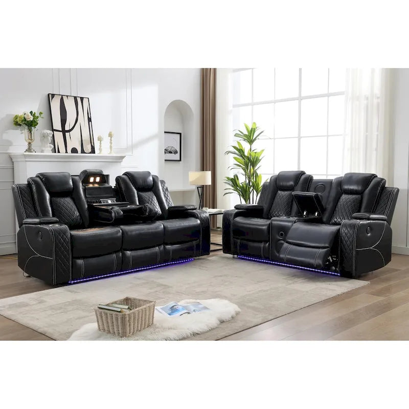 Elektrisch verstellbares Sofa mit kabellosem Ladegerät, Leselampe für das Wohnzimmer, Kunstleder, LED-Beleuchtung, AC-/USB-Anschluss und Getränkehalter, Schwarz