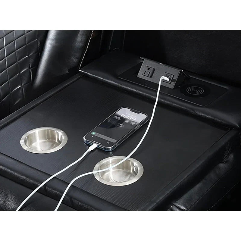 Divano reclinabile elettrico con caricatore wireless, luce da lettura per il soggiorno, similpelle, luce LED, porta AC/USB, portabicchieri, nero