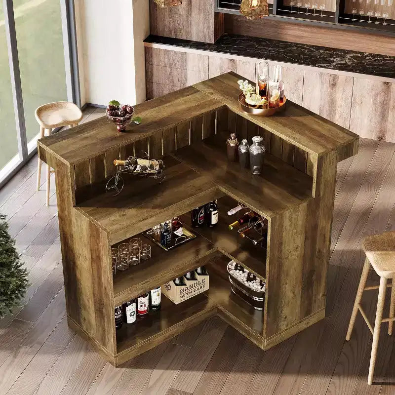 Lantine kućni barski element u obliku slova L, kutni barski stol s 4 razine, policama za pohranu i držačem za vinske čaše, za kućni pub