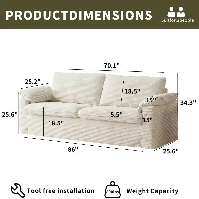 Sufan loveseat Dyonery 86 Cloud, sedil fond u mħaded wesgħin għall-dirgħajn, qafas b'saħħtu, disinn ergonomiku li jieħu n-nifs