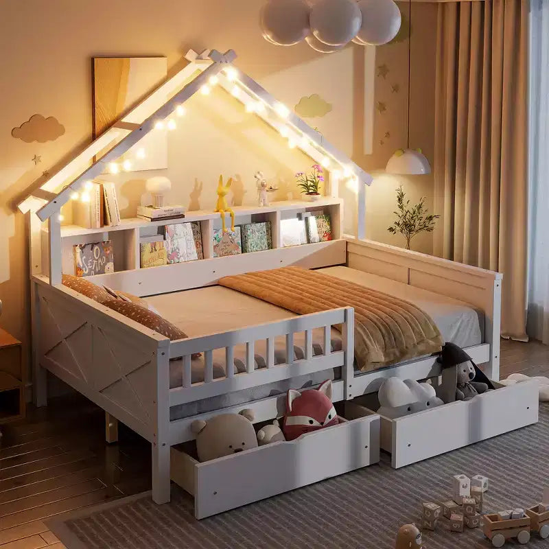 Struttura letto a casetta matrimoniale con cassetti, letto a piattaforma a casetta con luci LED, ripiani e cassetti contenitori, letto da giorno in legno con tetto e sponde di protezione