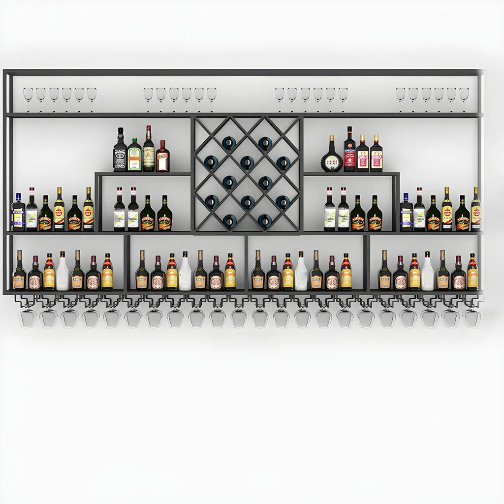 Rectangular Black Metal Wall-Mounted Wine Bottle Rack