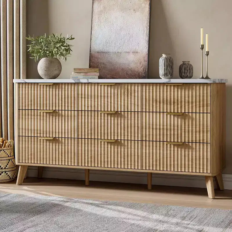 Dressoir met 9 laden en geribbelde voorkant, moderne ladekast, houten dressoir/TV-meubel met gebogen profiel, voor woonkamer of hal