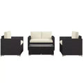 4-delige rotan loungeset, rieten terrasbankstel met loveseatstoelen en salontafel met glazen blad voor de tuin