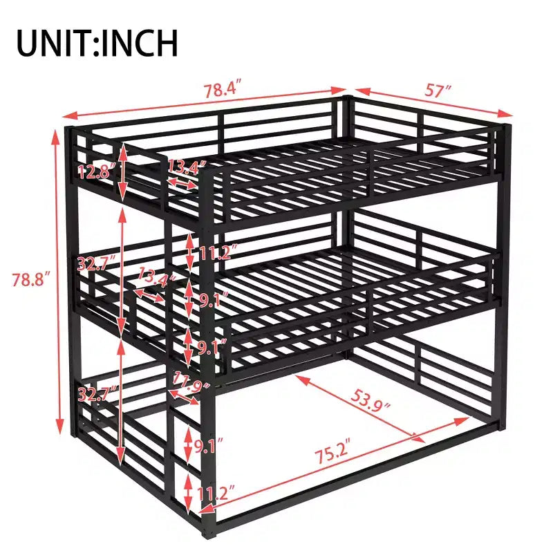 Dreifach-Etagenbett, Metall-Etagenbett in voller Größe mit Sicherheitsgeländern, robustes Etagenbett mit geräuschreduziertem Design, Schwarz