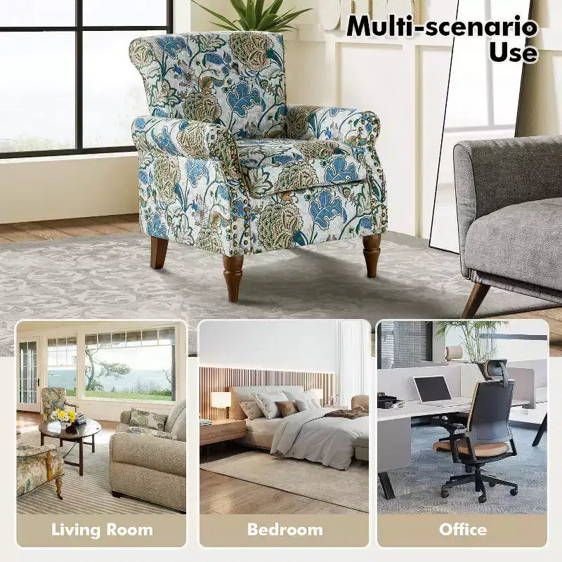 Araceli traditionele houten bloemenfauteuil met bekleding, hoge rugleuning en sierspijkerrand| ART OF LIVING DESIGNS