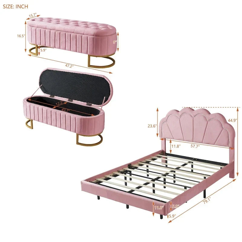 Sett tas-sodda 2-biċċiet b'sodda platforma doppja LED u pouf għall-ħażna