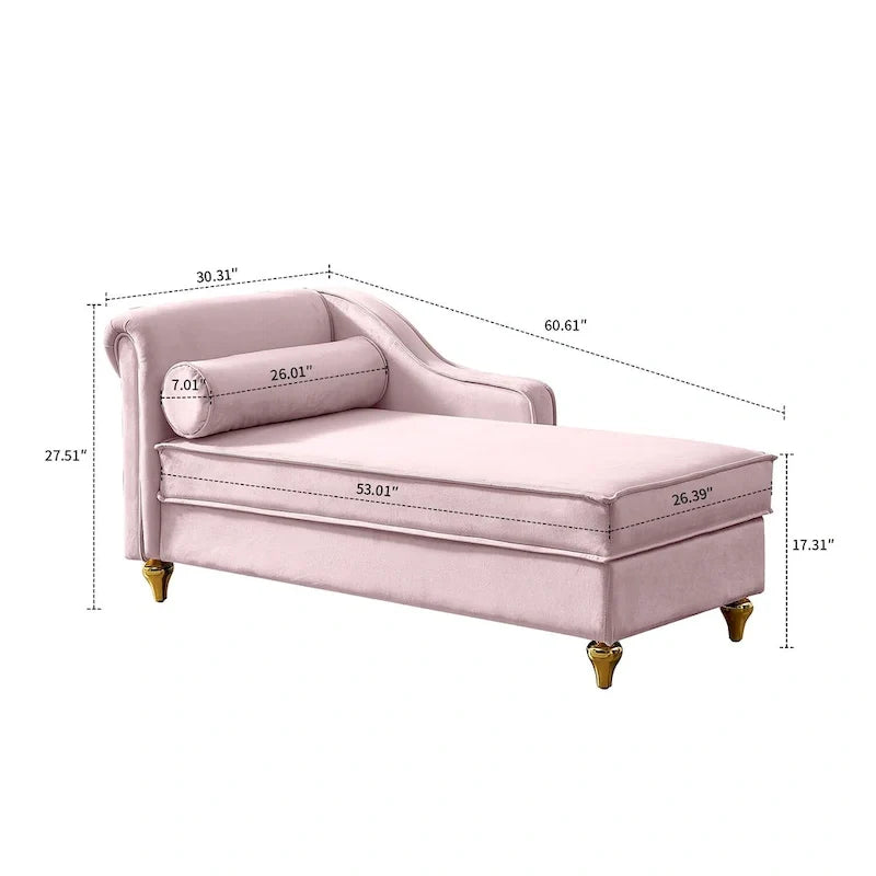 Chaise longue elegante francese rivestita in velluto con contenitore e cuscino